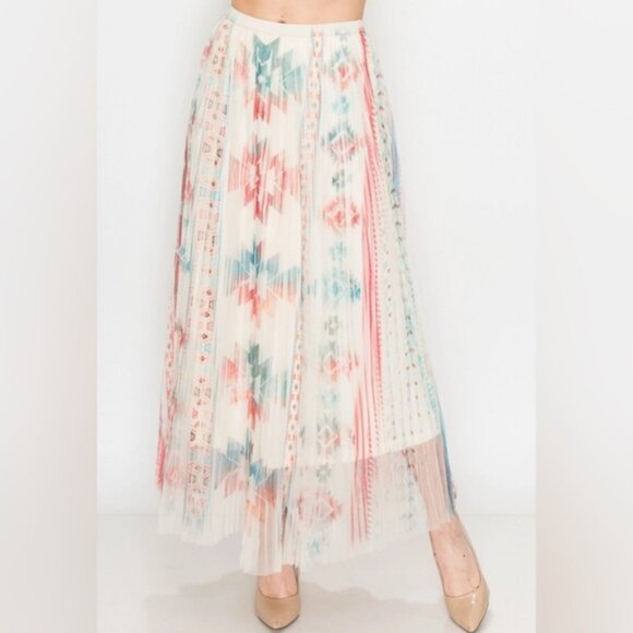 NEW Origami Cream Aztec Tribal Orange Red Blue Tulle Overlay 2 Tier Maxi Skirt M - Picture 1 of 6